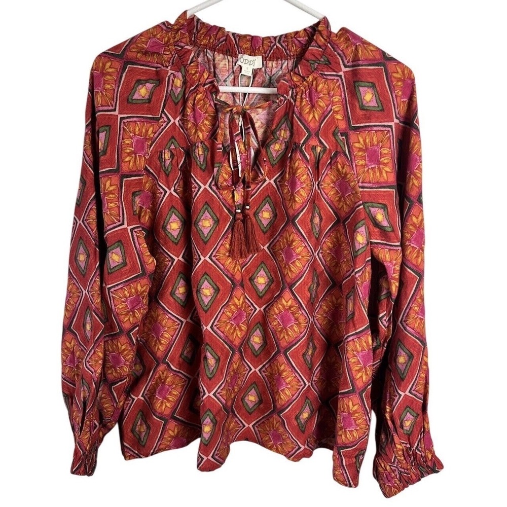 Oddy Geometric Print Long Sleeved Blouse Size Small Tassel Tie‎ Boutique NEW